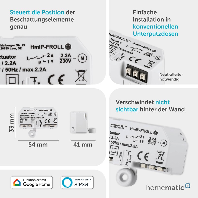 Homematic IP 151347A0 Roller Shutter Actuator – Flush-Mounted, Smart Home,
