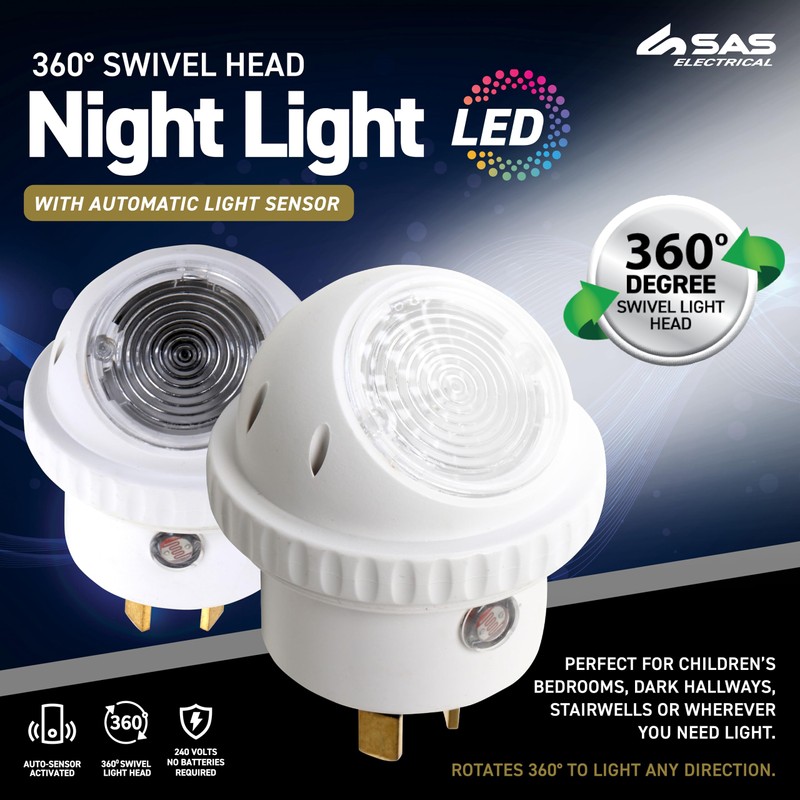 SAS Electrical 240V 360 Degree Swivel Night Light with Light