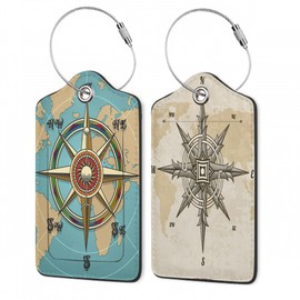 Retro World Map Luggage Tags for Suitcase,Nautical Compass Luggage Tags of Set 2 Leather Identifiers Privacy Cover with Stainless Steel Loop for Women Men Travel Bag Suitcase