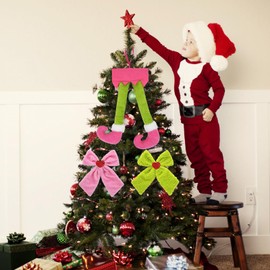 nuvagiki Christmas Elf Leg Car Decoration, 3 Pack Pink and Green Bow Ornaments Decor, Xmas Bow for Wreath, Holiday lndoor Elf Legs Plush Hanging Decor, Christmas Tree Ornaments Decor