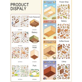 8 Set 3D Sticker Scene,DIY 3D House Stickers, Miniature Scene Stickers, Fun DIY Stickers Scene Make Your Own Supermarket Coffee Shop Restaurant Bookstore for Adult Kids (8SET-A)