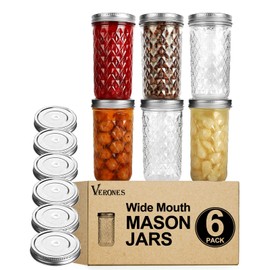 VERONES Wide Mouth Mason Jars 22 oz, 22 OZ Mason Jars Canning Jars Jelly Jars With Wide Mouth Lids, Ideal for Jam, Honey, Wedding Favors, Shower Favors, 6 PACK,EXTRA 6 Lids with Straw Hole