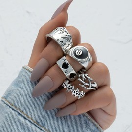 Retro Hip hop Punk Finger Rings Set for Women Men, Novelty Gothic Snake Heart Dice Playing Cards Billiards Bee Wings Rings Stackable Silver Knuckle Rings (5pcs)