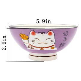 Fengshuibringluck 2PCS Cereal Bowls Soup Bowl Set 5.9'' Ramen Bowls Large Soup Bowls Salad Bowls for Kitchen Luck Cat Maneki Neko (Purple)