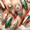 Green Feather Press on Nails 24Pcs Medium Almond Glossy Gold