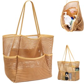 Bolsa de Playa para Mujer,LIHYL Bolso de Hombro de Malla Plegable para Mujer, Grande Bolsa de Mano con compartimento cremallera y 4 bolsillos para playa, picnic, vacaciones, compras, gimnasio