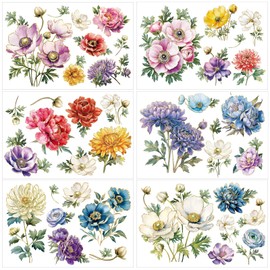 Vintage Flower Rub on Transfers for Crafts - Wxiben 6 Sheets Flower Rub on Transfers for Furniture Gold Rimmed Floral Rub on Transfer Decal Stickers for Wood DIY Craft Scrapbooking Home Decor