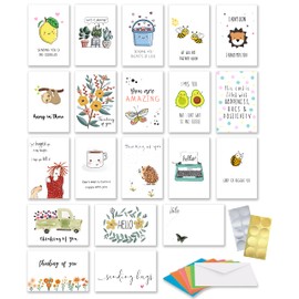 Thinking of You Cards with Greetings Inside. Set of 20 Unique Designs for All Occasions with Assorted Color Envelopes, Gold and Silver Stickers to Seal Envelopes in a Sturdy Box. Missing You, Hello and Friendship Notes Folded 4x6 inches (20, Thinking of You)