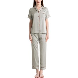 Sukany Womens Soft Silk Pajamas Set 2 Piece Button Up Pajamas Short Sleeve Nightwear Sleepwear Maternity Loungewear Pjs Sets Silver Grey S
