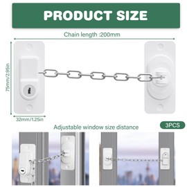 Pack of 3 Child Safety Windows, Window Locks, Children, Door Chain, No Drilling, Window Lock, Children's Window, Door Lock Children, Adjustable Window Locks, for Children, Pets Safety