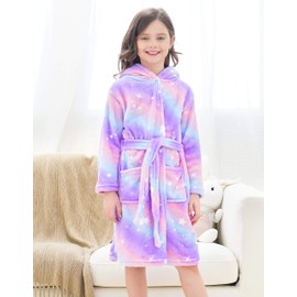 Doctor Unicorn Soft Hooded Rainbow Bathrobe Sleepwear for Girls (Bright Purple Star Dots- 12-13 Years)