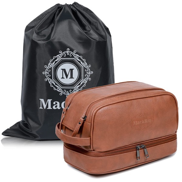 MacaRio Toiletry Bag for Men and Women, Large PU Leather Womens Mens Travel Shaving Shower Toiletries Bag, Brown