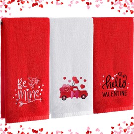 3 Pcs Valentine‘s Day Bath Hand Towels 13.8 X 29.5'' Embroidered Heart Truck Be Mine Hello Valentine Decorative Hand Towel 100% Cotton Valentine‘s Day Red White Bathroom Towels Decor Housewarming Gift