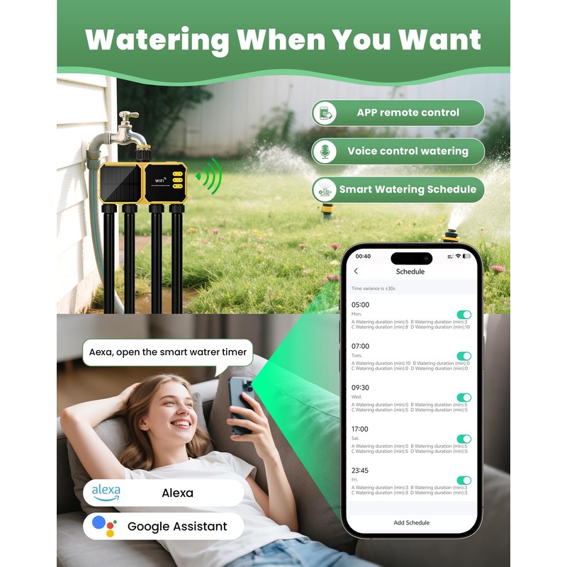 4 Zone Solar WiFi Sprinkler Timer, Smart Water Timer for
