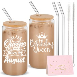 Yetene 3 Pack Birthday Gifts for Women Include Funny 16 oz Glass Cup Tumbler with Lids and Straws with Cards Birthday Gifts Ideas for Her Girlfriend Friends Wife Bestie(Queens Are Born in August)