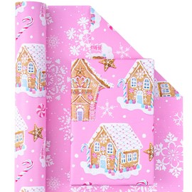 WRAPAHOLIC Reversible Christmas Wrapping Paper - Mini Roll - 17 Inch x 33 Feet - Pink Gingerbread House and Snowflake Design with Embossed for Chrsitmas, Holiday, Party Celebration