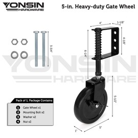 YONSIN 5" Heavy Duty Spring Loaded Gate Caster Wheel with Side Brake, Drag Gate Wheels with 360° Swivel for Wooden Gate Fence, Metal Tube Gate, Anti Sag Gate Kit, 200 Lbs Capacity, 1 Pac, Black