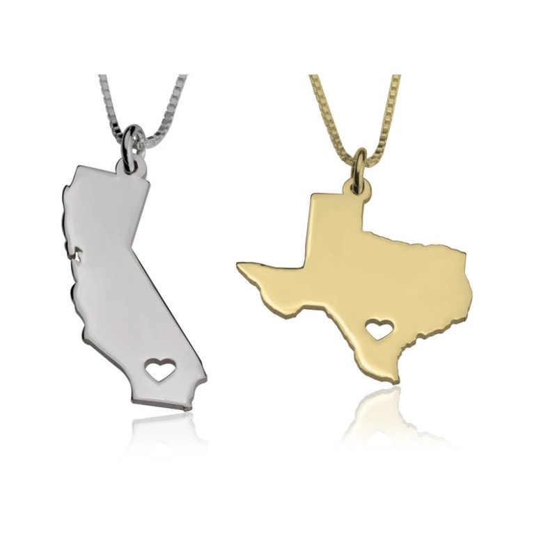 N/A CUSTOM STATE AND HEART NECKLACE: STERLING SILVER, 24K GOLD,