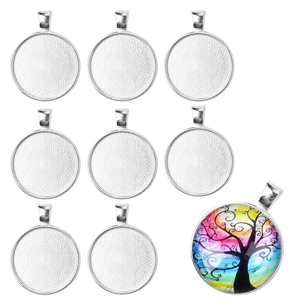 BIRLOZA 8 Piece Pendant Tray Set Round Pendant Base Silver