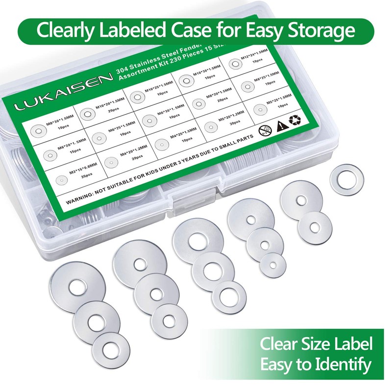 230 Pcs Large Flat Washer Set, 304 Stainless Steel Flat