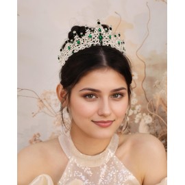 Yheahin Vintage Crystal Crown and Tiara for Women Bridal Wedding Rhinestone Tiara Princess Queen Crown Gothic Black Tiara Headpieces for Cosplay Costume Birthday Party (Silver-green)