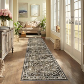 Yamaziot Washable Runner Rug 2x8 – Non Slip Boho Floral Hallway Runner Rug with Rubber Backing, Low Pile Wool Distressed Carpet for Kitchen, Laundry, Bedroom, Entrance, Tan