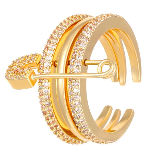 Layered CZ Safety Pin Stackable Open Rings for Women Fashion