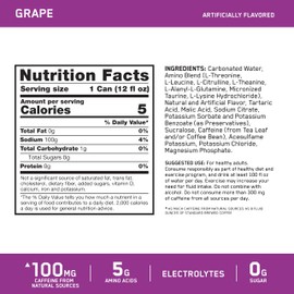 Optimum Nutrition Amino Energy Sparkling Hydration Drink, Electrolytes, Caffeine, Amino Acids, BCAAs, Sugar Free, Grape, 12 Fl Oz, 12 Pack (Packaging May Vary)