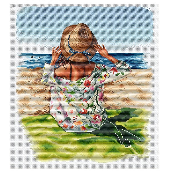 Cukol Cross Stitch Set Pre-Printed Adult Girls by the Sea, Embroidery Templates Embroidery Pictures Pre-Printed Cross Stitch Embroidery Kits Embroidery Kit Embroidery Set for Adults, 11ct Cross Stitch