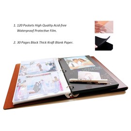 Photo Album Scrapbook with 4x6 120 Pockets and 30 Pages Black Thick Kraft Blank Writing Paper, Textured Leather Cover Pictures Album Memory Book for Family Baby Wedding Anniversary Travel