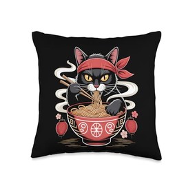 Ramen Cat Samurai Noodle Throw Pillow