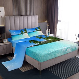Erosebridal Ocean Theme King Sheet Set Summer Beach Bedding Set Hawaiian Vacation Style Fitted Sheet Boys Teens Kids Palm Trees Tropical Nature Sea Theme 4 Pces Super Soft Microfiber Bed Sheet Set