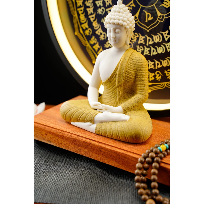Houlu Yellow Buddha Statue and Circle LED Table Lamp, Ceramic
