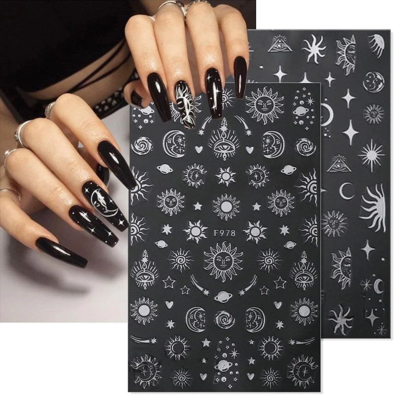 OSTTMA 8 Sheets Metallic Nail Art Stickers Decals Silver Moon