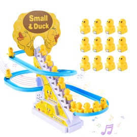 Taekooki Pack of 12 Electric Duck Stair Climbing Toys, Electric Duck Climbing on Stairways and Slide Set, Duck Roller Coaster with Flashing Lights and Music On/Off Switch