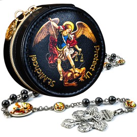 SUTANALE St. Michael the Archangel Catholic Rosary Necklace for Men, 8MM Obsidian Hematite Prayer Beads Packed in Travel Jewelry Box, Rosary Beads Catholic Saints Gifts for Men