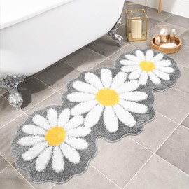 Aesthetic Grey Bathroom Rugs Runner Daisy Bedroom Area Runner Rug Cute Long Bath Mat Flower Rug Floral Non Slip Bathmat Absorbent Long Bathroom Mat Gray Bathroom Decor Rooms Sink Bathtub 24"x51"