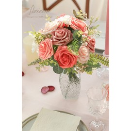 Floroom Artificial Flowers 25pcs Real Looking Coral Ombre Colors Foam Fake Roses with Stems for DIY Wedding Bouquets Bridal Shower Centerpieces Floral Arrangements Party Tables Home Decorations