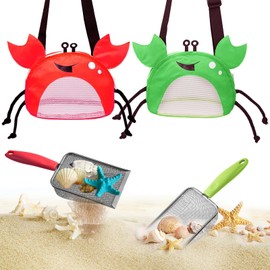 heqxwl 4PCS Crab Mesh Beach Bag & Sand Shovel Set – Seashell Collecting Bags with Adjustable Strap, Shell Collection Tools for Beach, Pool, Vacation