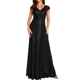 meilun Black Short Sleeve Sequin Dress for Women Formal Evening Gowns Sparkly V Neck 1920s Long Dress for Wedding Guest,M
