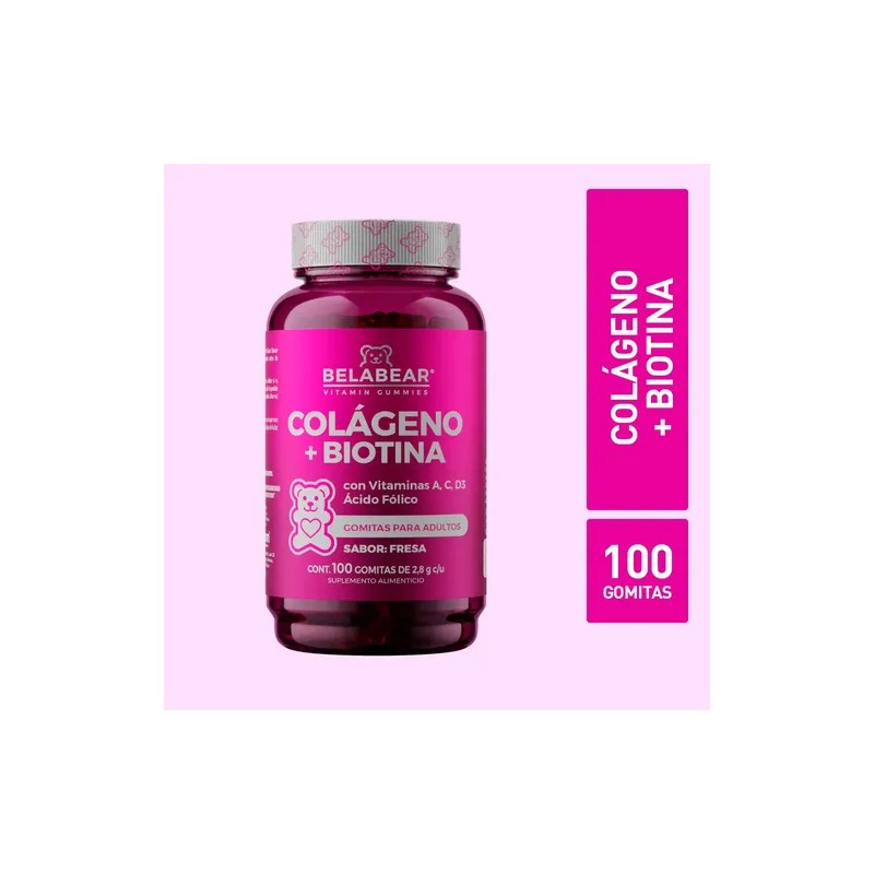 Belabear Colágeno Biotina 100 Gomitas Sabor Fresa