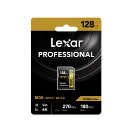 Lexar Professional SDXC Card, 128 GB, GOLD Series, 1800x UHS-II Class 10, U3, V60, Maximum Readout, 270MB/s Maximum Write: 180MB/s, Supports Domestic Manufacturers, LSD1800128G-BNNNG