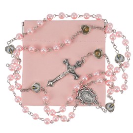 OEMOO Rosary Beads Catholic, Rosary Necklace with Leather Pouch with Magnetic Top Bag for Men and Women Christian Gifts (Pink)