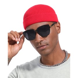 Short Fisherman Beanie for Men Women, Wool Knit Cuff Warm Winter Hats, Trawler Beanie Watch Caps Soft Skullcap Unisex, Red
