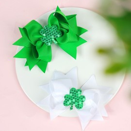 St. Patrick Baby Hairpin Hair Clips Bowknot Green Clover Ribbon Hair Bows JHSP14 (2 Pcs-C)