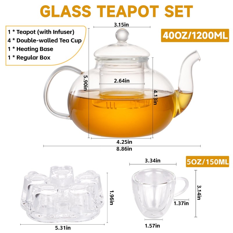 Glass Teapot Set, 40OZ/1200ml Stovetop Safe Glass Tea Kettle with
