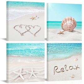 VANSEEING 4 Pieces Coastal Wall Art Canvas Prints Beach Shell Starfish Sea Pictures Relax Love Heart Modern Artwork Teal Bathroom Decor Kitchen Living Room Wall Decor 12"x12"x4