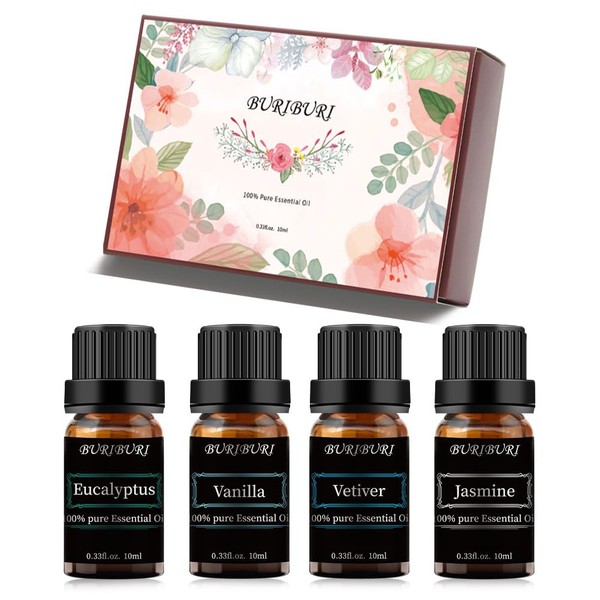 BURIBURI Vanilla Oil Jasmine, Vetiver and Eucalyptus Essential Oil Set, 100% Pure 4Pcs Essential Oils Gift Set for Diffusers