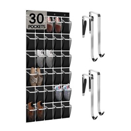 30 Compartment Breathable Mesh Pocket Over the Door Hanging Shoe Organizer, Closet Shoe Organizer, Large Men's and Women's Shoe Organizer, Hanging Over the Door Shoe Organizer (Updated Model-Black)