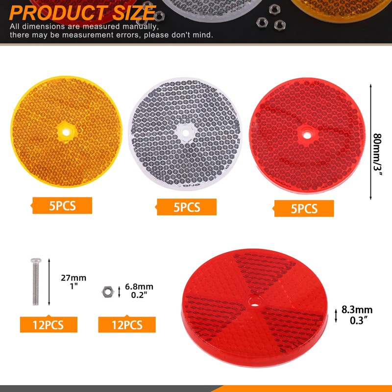 Rustark 15Pcs Front Reflector Round Reflector with 30Pcs 304 Mounting
